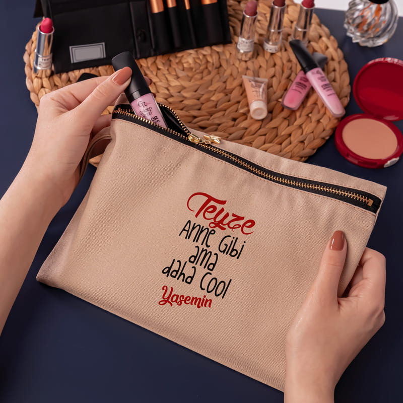 Anne Yarısı Teyzelere Özel Tasarımlı Kişiye Özel Kanvas Makyaj Çantası