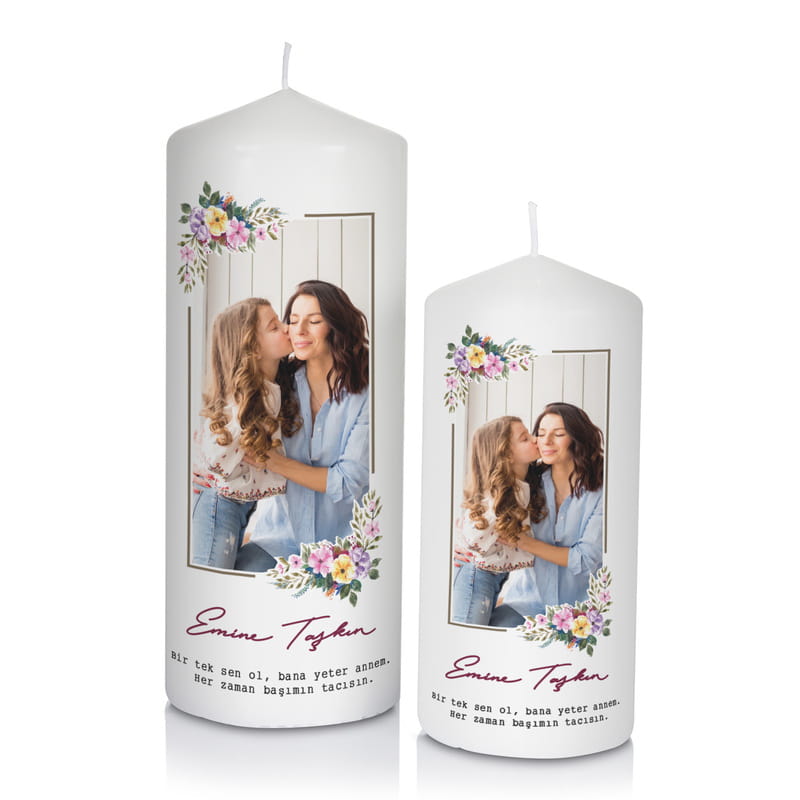 Anneler Günü Hediyesi Fotoğraf Baskılı Doğal Taş Altlıklı 2li Mum Seti
