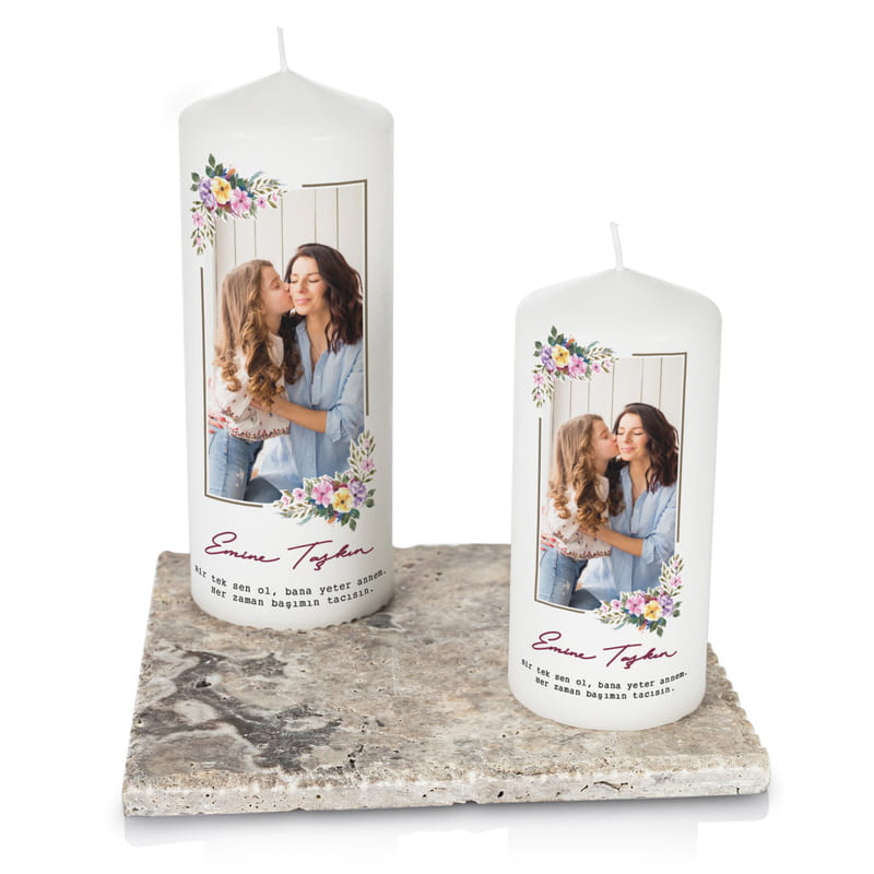 Anneler Günü Hediyesi Fotoğraf Baskılı Doğal Taş Altlıklı 2li Mum Seti