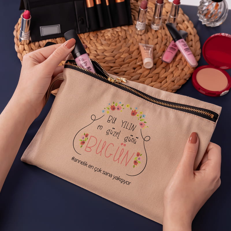 Anneler Günü Hediyesi Motto Tasarımlı Kanvas Makyaj Çantası