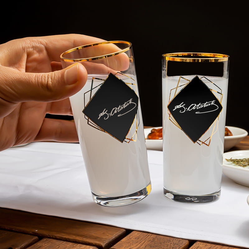 Atatürk İmzası Tasarımlı Gold Özel Seri Ahşap Kutulu 2li Rakı Kadehi