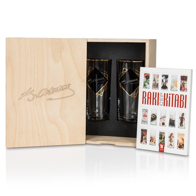 Atatürk İmzası Tasarımlı Gold Özel Seri Ahşap Kutulu 2li Rakı Kadehi