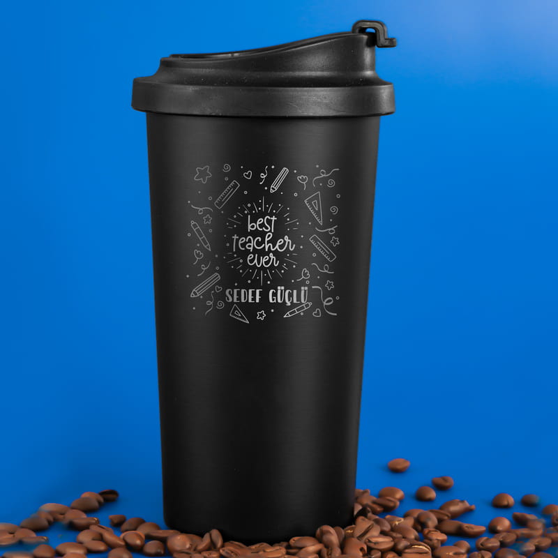 Best Teacher Ever Mesajlı İsme Özel Siyah Çelik Termos