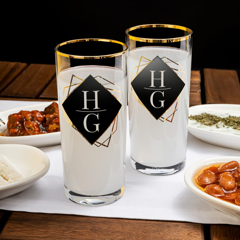 Çiftlere Hediye Harf Baskılı Gold Özel Seri Ahşap Kutulu 2li Rakı Kadehi