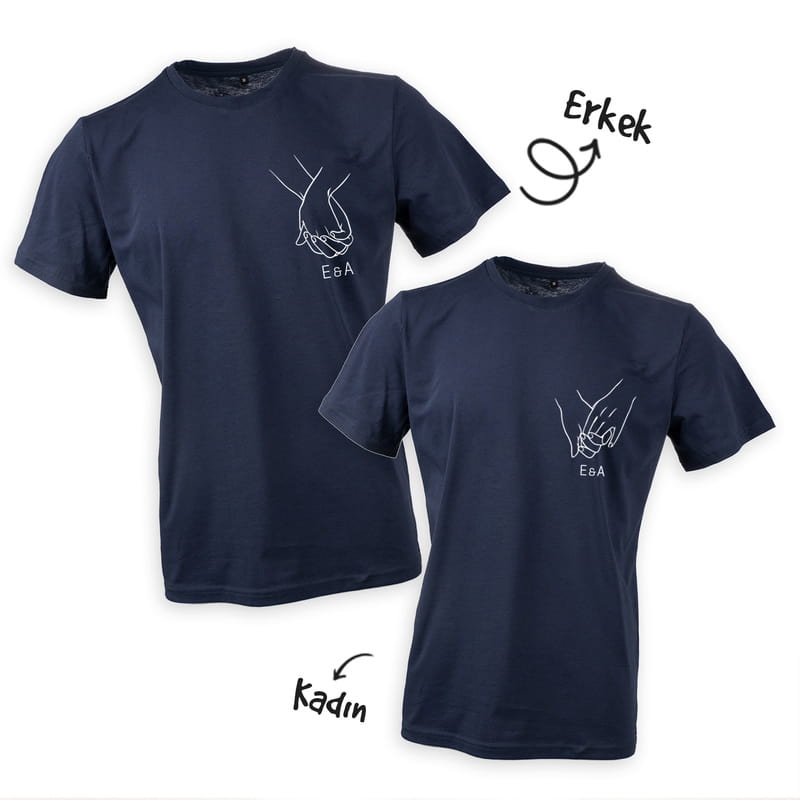 El Ele Tutuşan Aşıklar İsme Özel Sevgili Tişört Kombini - %100 Pamuklu Kumaş