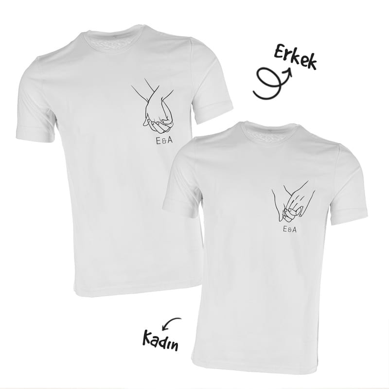 El Ele Tutuşan Aşıklar İsme Özel Sevgili Tişört Kombini - %100 Pamuklu Kumaş
