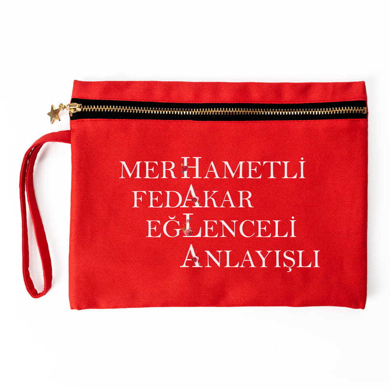 Hala Tanımı Akrostiş Tasarımlı Kanvas Makyaj Çantası