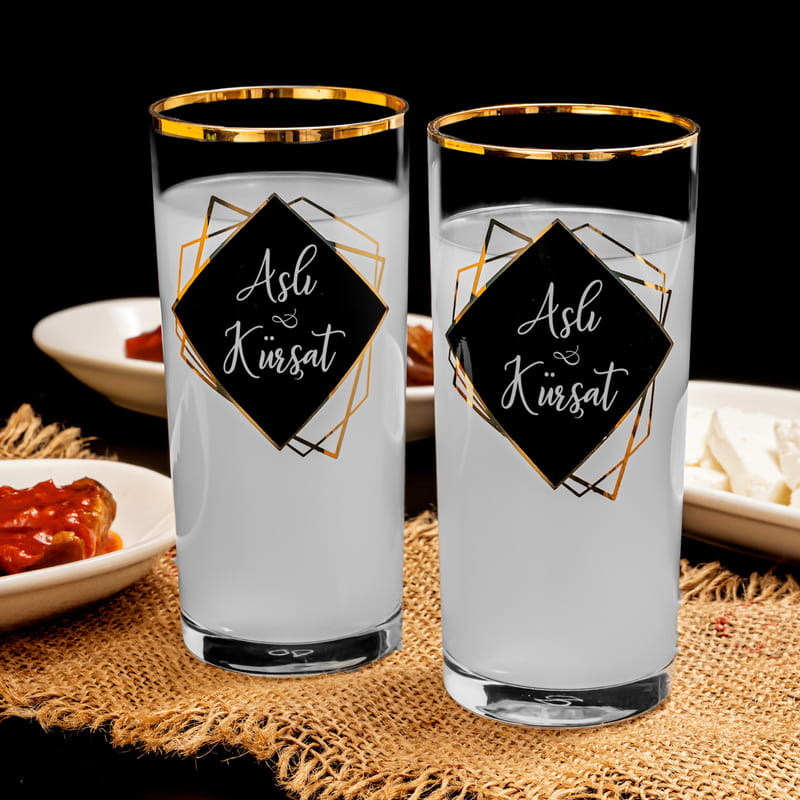 Kişiye Özel Gold Özel Seri Ahşap Kutulu 2li Rakı Kadehi