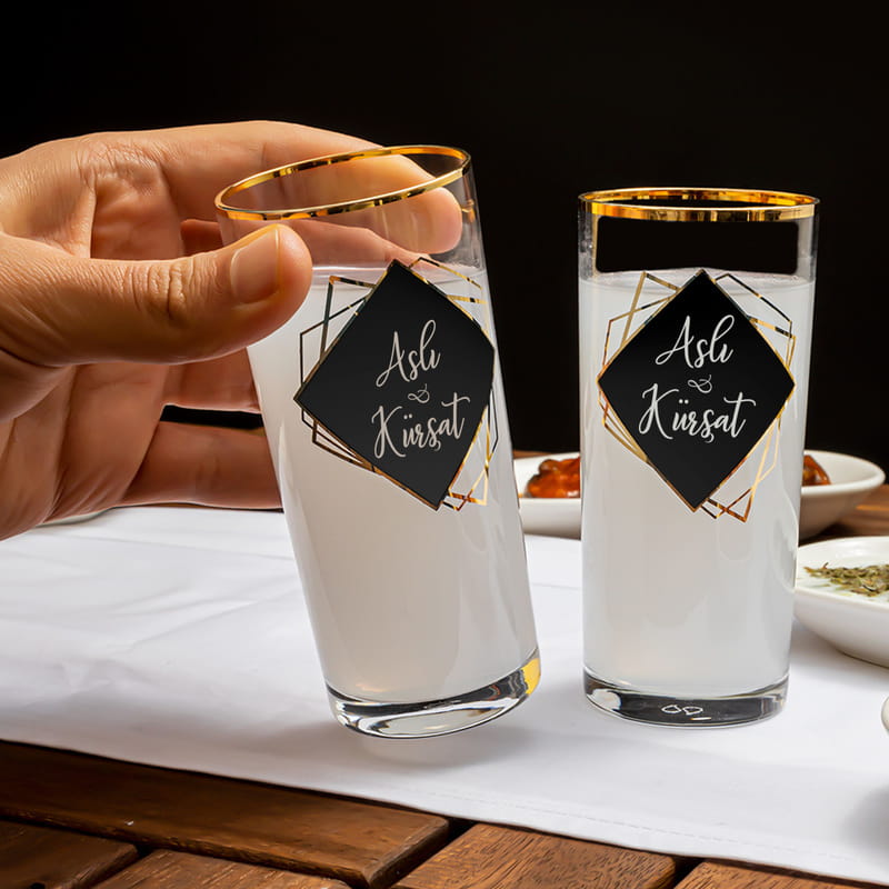 Kişiye Özel Gold Özel Seri Ahşap Kutulu 2li Rakı Kadehi