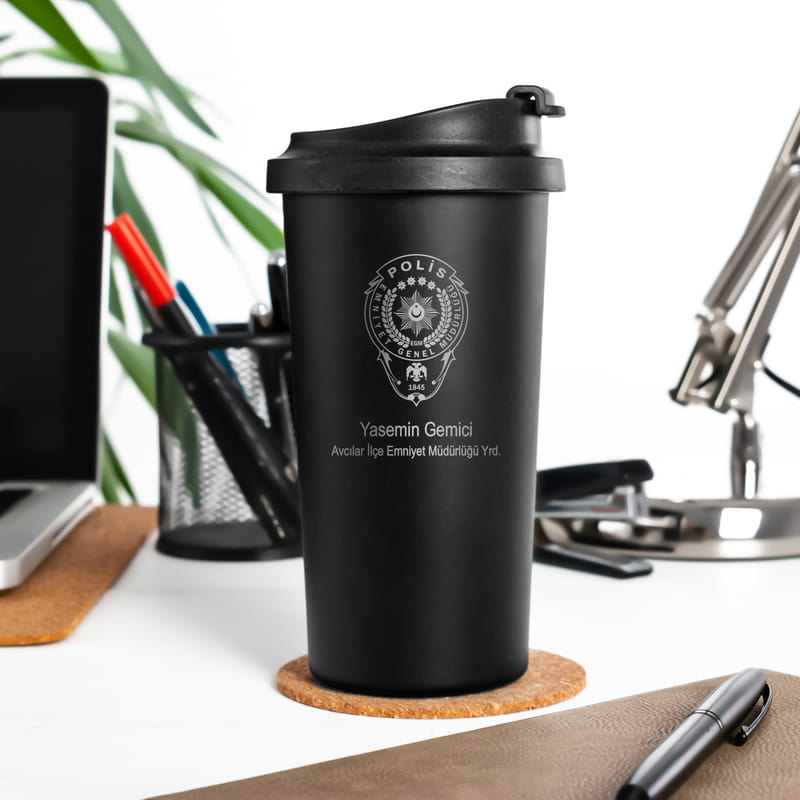 Polis Memuruna Hediye Mat Siyah Çelik Termos