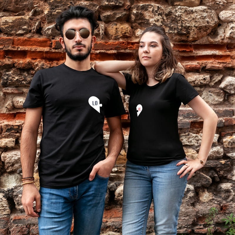 Puzzle Kalpli Sevgiliye Özel İkili Tişört Kombini - %100 Pamuklu Kumaş