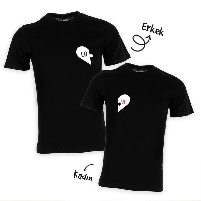 Puzzle Kalpli Sevgiliye Özel İkili Tişört Kombini - %100 Pamuklu Kumaş