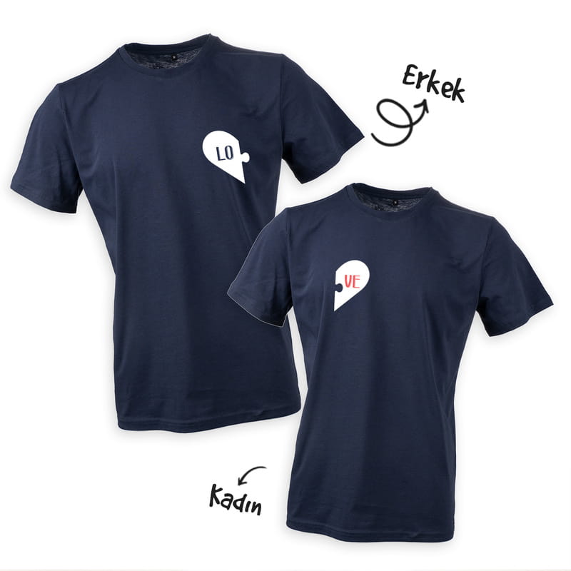 Puzzle Kalpli Sevgiliye Özel İkili Tişört Kombini - %100 Pamuklu Kumaş