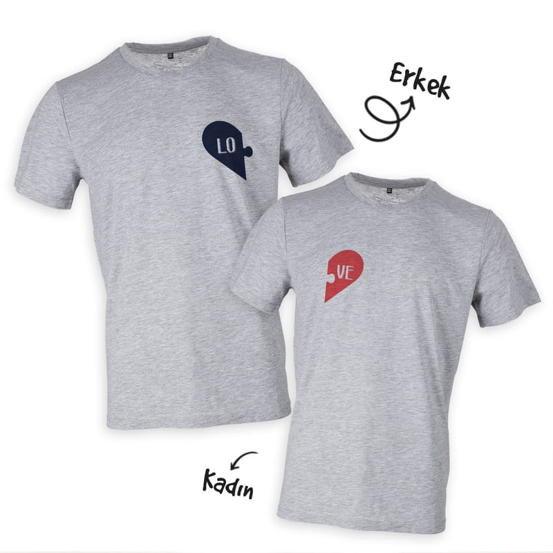 Puzzle Kalpli Sevgiliye Özel İkili Tişört Kombini - %100 Pamuklu Kumaş