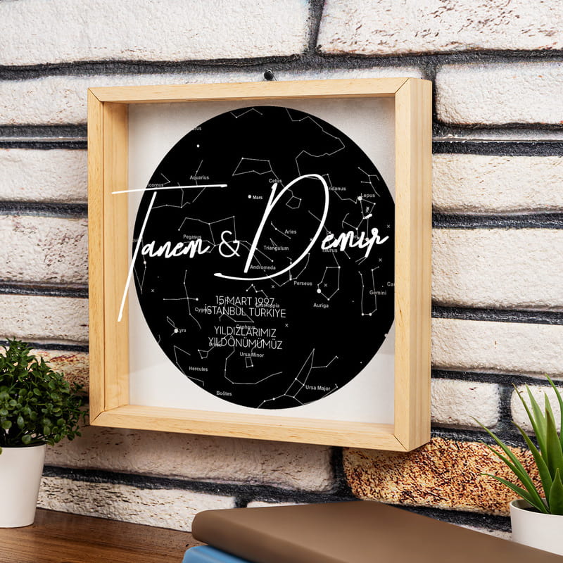 Sevgiliye Hediye Özel Gün Yıldız Haritası Tasarımlı Ahşap Anı Kumbarası