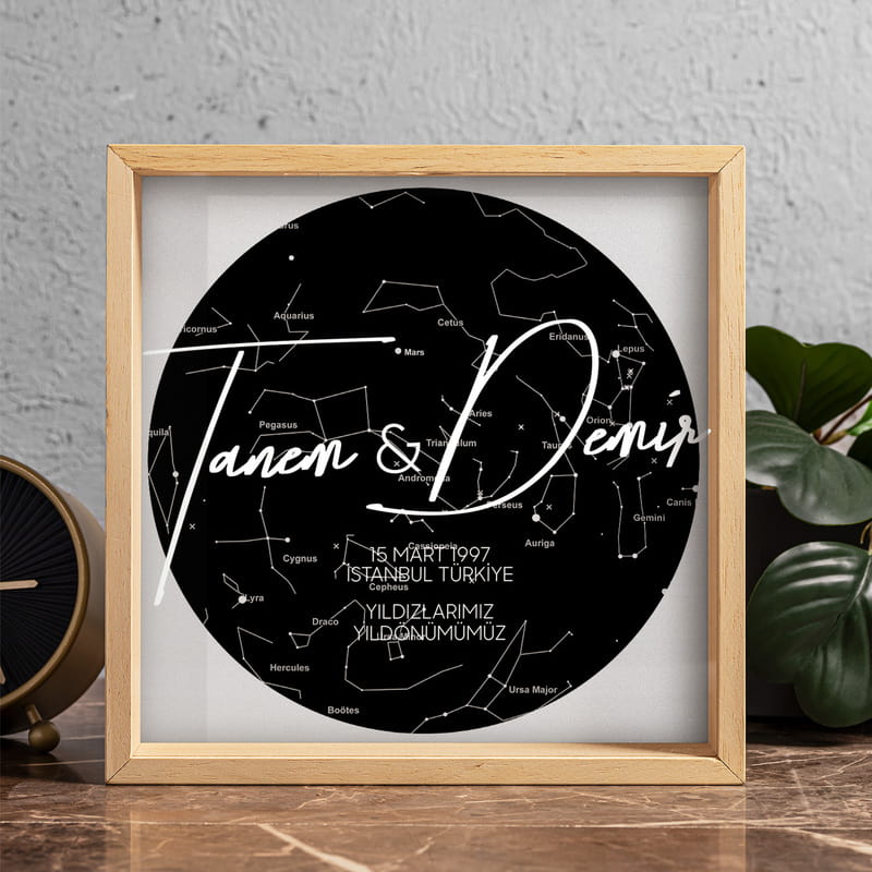 Sevgiliye Hediye Özel Gün Yıldız Haritası Tasarımlı Ahşap Anı Kumbarası
