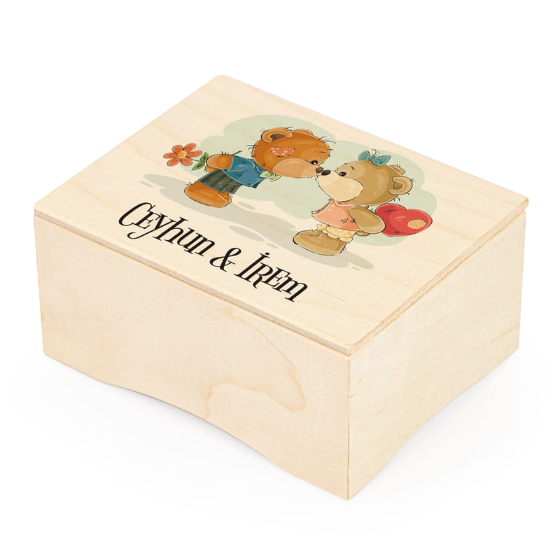 Sevimli Aşık Ayıcıklar Tasarımlı Ahşap Müzik Kutusu