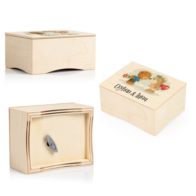 Sevimli Aşık Ayıcıklar Tasarımlı Ahşap Müzik Kutusu
