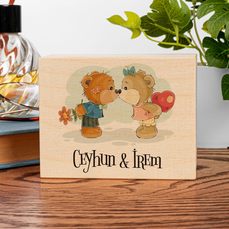 Sevimli Aşık Ayıcıklar Tasarımlı Ahşap Müzik Kutusu