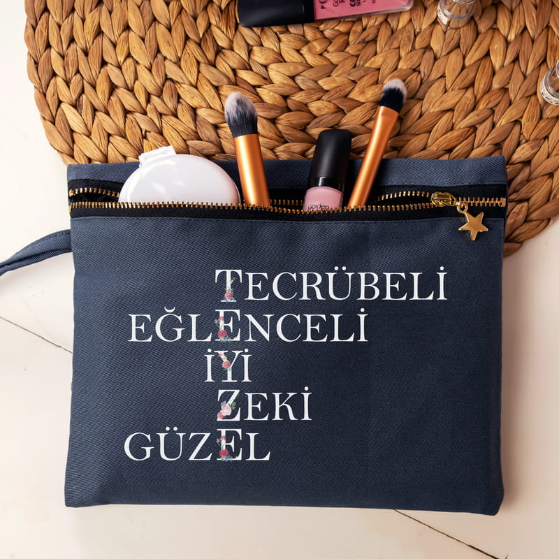 Teyze Tanımı Akrostiş Tasarımlı Kanvas Makyaj Çantası