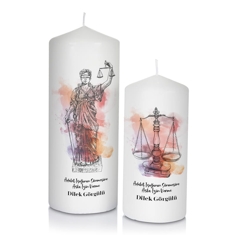 Adalet Tasarımlı İsim ve Mesaj Yazılı Taş Altlıklı 2li Mum Seti