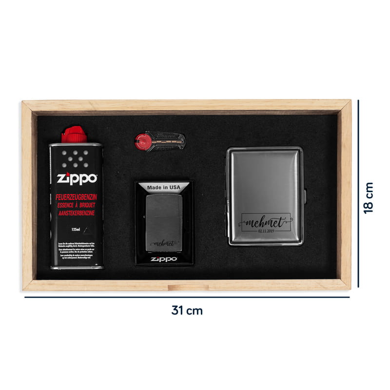İsme Özel Ahşap Kutulu Orijinal Zippo Çakmak ve Tabaka Seti