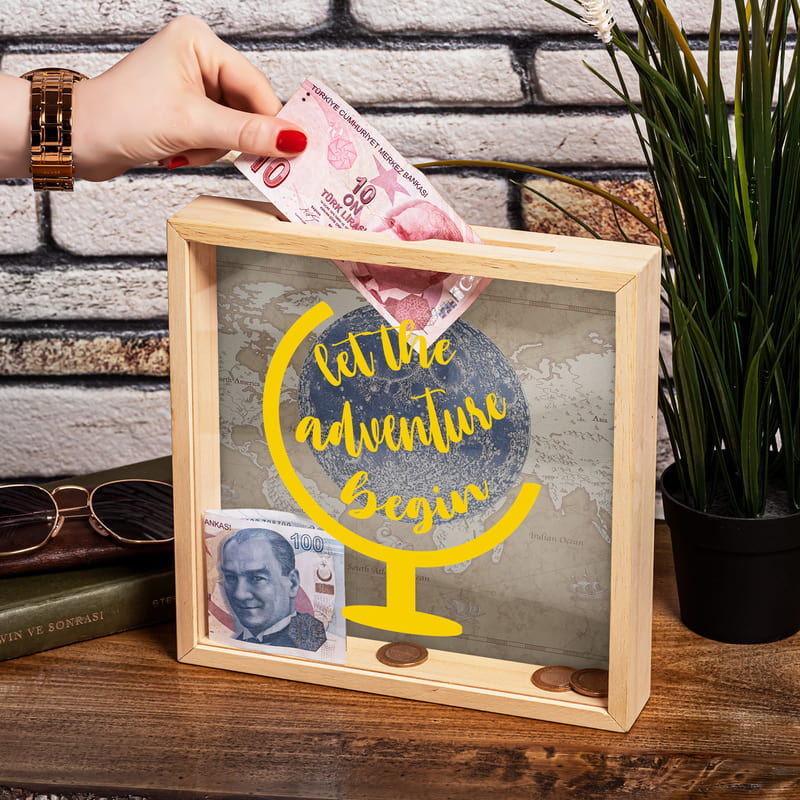 Let the Adventure Begin Tasarımlı Ahşap Kumbara