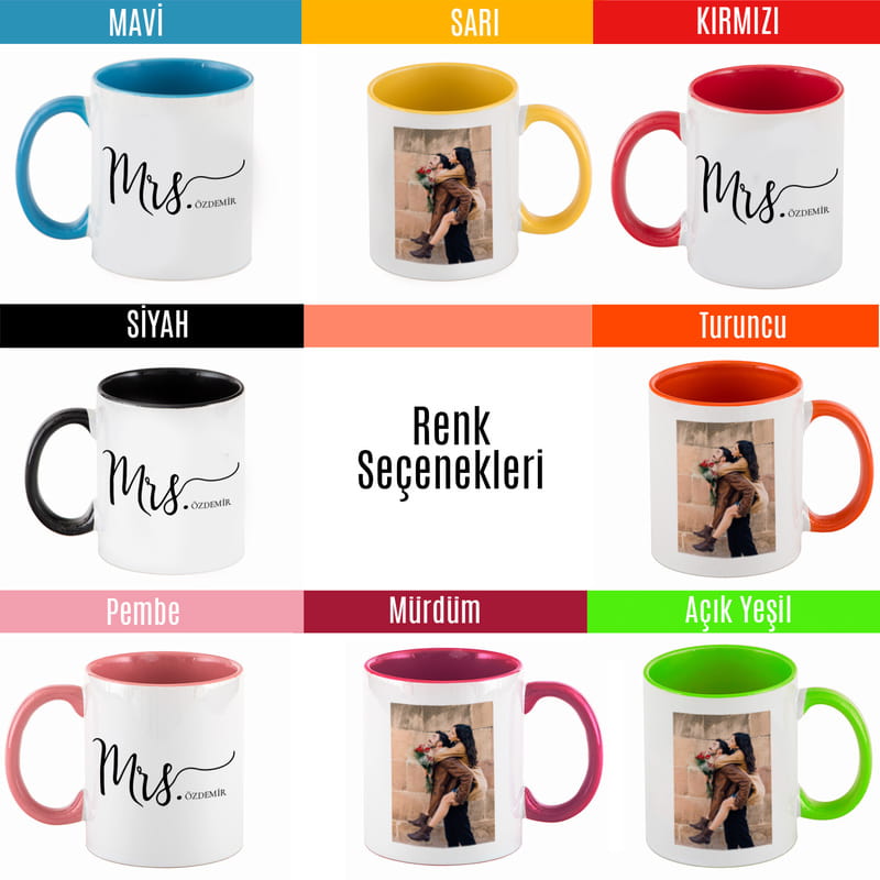 Mr. & Mrs. Tasarımlı Fotoğraf Baskılı 2'li Renkli Kupa Seti