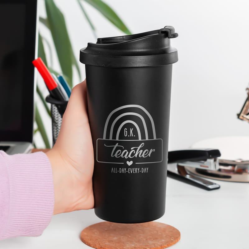 Öğretmenler Günü Hediyesi Kişiye Özel Mat Siyah Çelik Termos