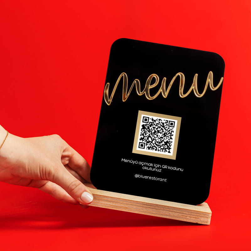 Qr Kod Tasarımlı Ahşap Kaideli Digital Menü Akrilik Plaket