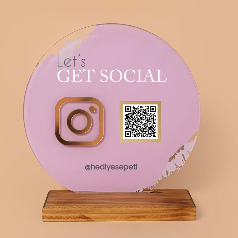 Sosyal Medya Tasarımlı Ahşap Kaideli QR Kodlu Akrilik Plaket
