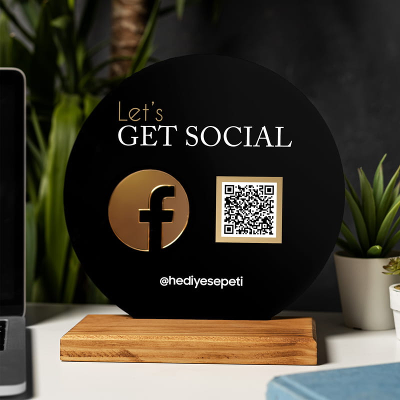 Sosyal Medya Tasarımlı Ahşap Kaideli QR Kodlu Akrilik Plaket