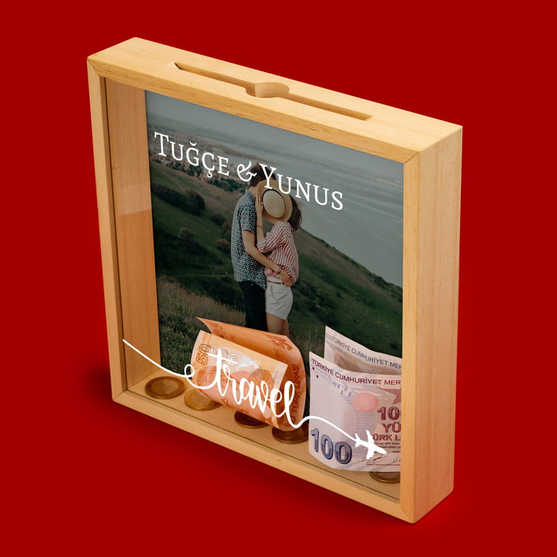 Yıldönümü Hediyesi Ahşap Seyahat Birikim Kumbarası
