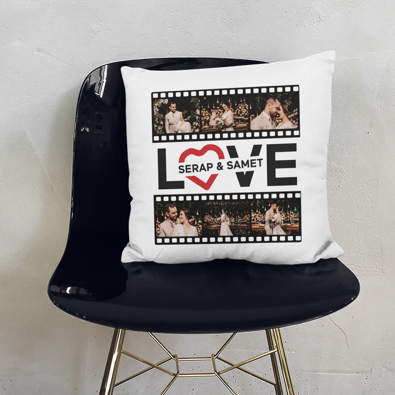 Film Şeridi Tasarımlı Sevgiliye Hediye İsim Yazılı Kırlent Yastık