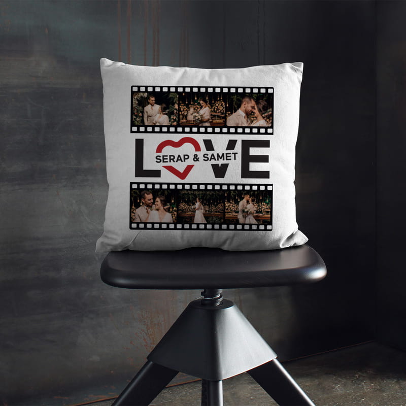 Film Şeridi Tasarımlı Sevgiliye Hediye İsim Yazılı Kırlent Yastık