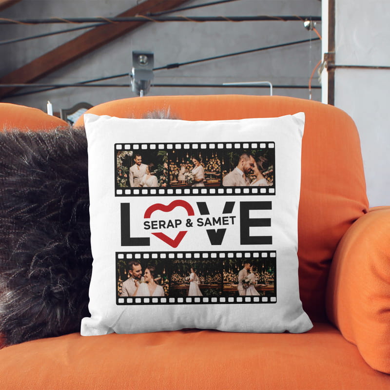Film Şeridi Tasarımlı Sevgiliye Hediye İsim Yazılı Kırlent Yastık