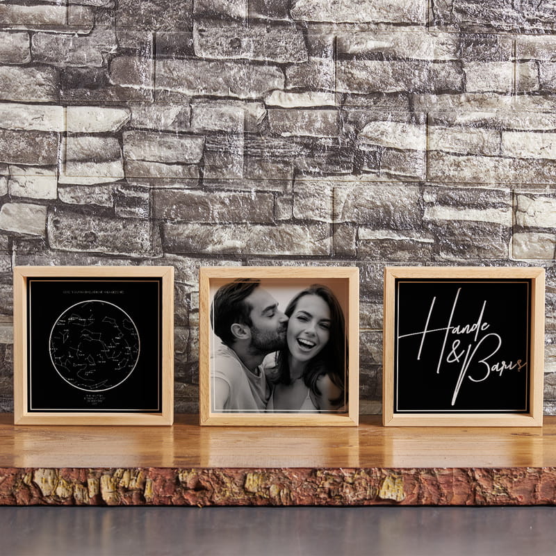 Gökyüzü Haritası Tasarımlı Fotoğraf ve İsim Baskılı 3'lü Konsept Tablo Seti