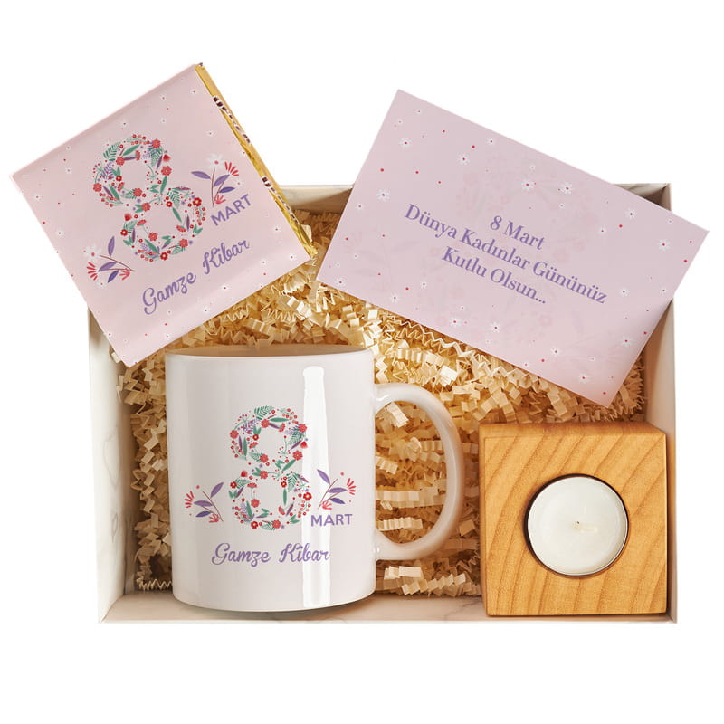 İsim Yazılı Minimal Çiçek Tasarımlı Kadınlar Gününe Özel Hediye Kutusu