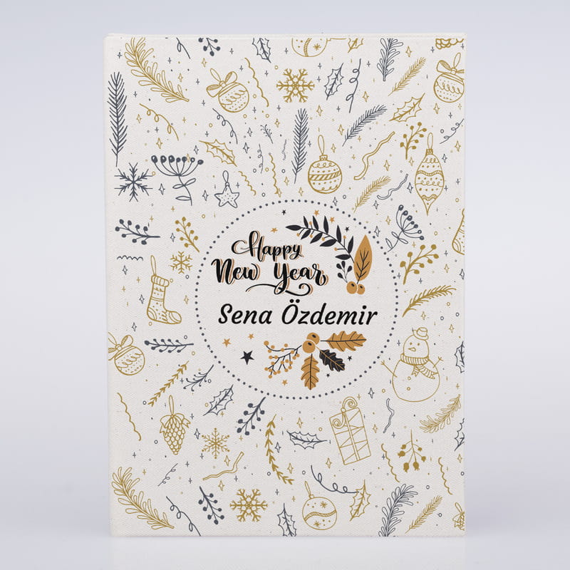 İsim Yazılı Yeni Yıl Tasarımlı Kanvas Defter