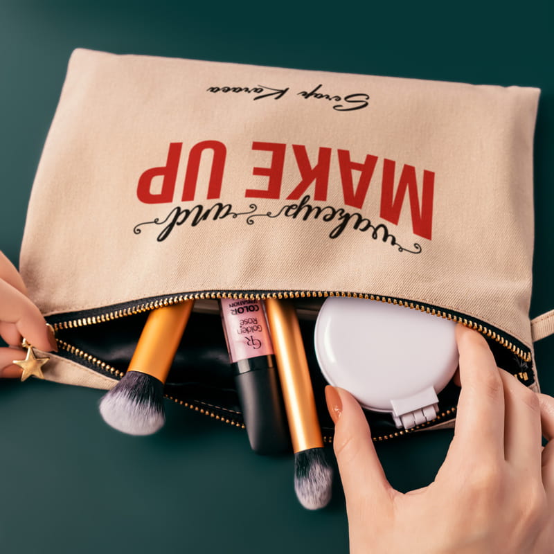 İsme Özel Wake Up and Make Up Tasarımlı Kanvas Makyaj Çantası