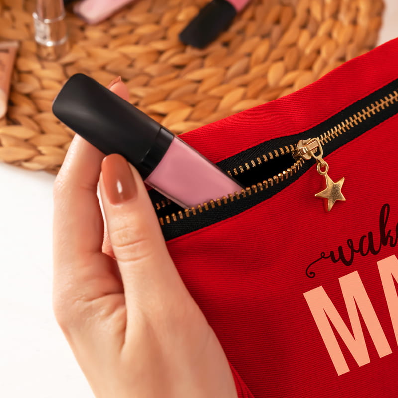 İsme Özel Wake Up and Make Up Tasarımlı Kanvas Makyaj Çantası