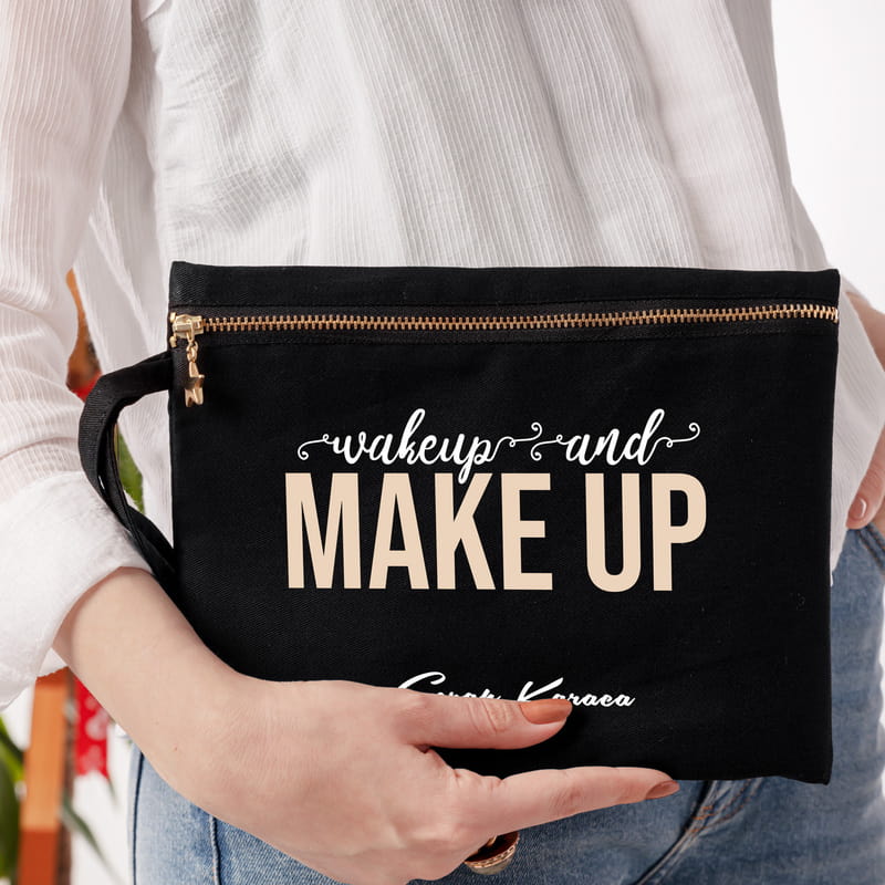 İsme Özel Wake Up and Make Up Tasarımlı Kanvas Makyaj Çantası