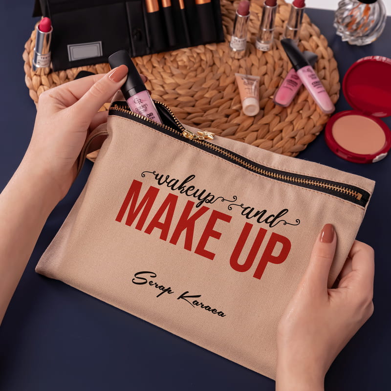 İsme Özel Wake Up and Make Up Tasarımlı Kanvas Makyaj Çantası