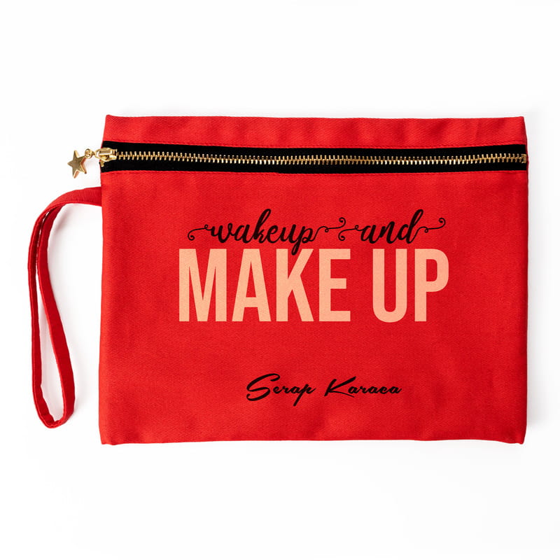 İsme Özel Wake Up and Make Up Tasarımlı Kanvas Makyaj Çantası