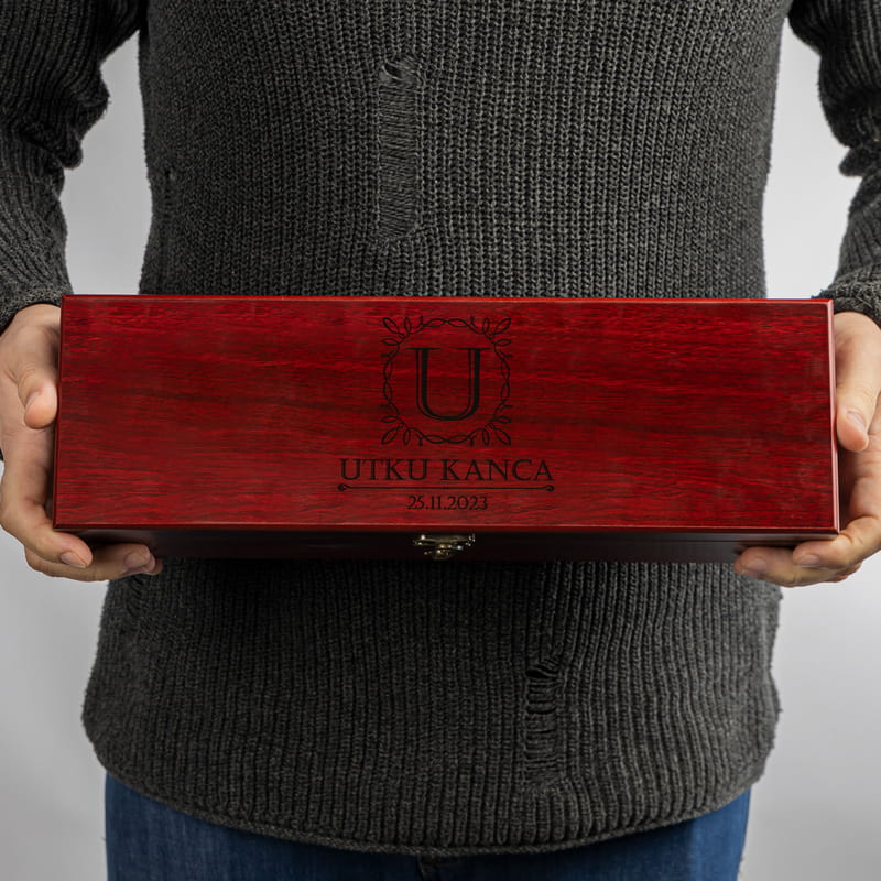 Kişiye Özel Hediye Ahşap Şarap Kutusu ve Aksesuar Seti