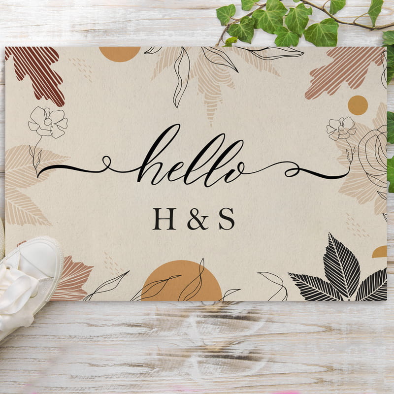 Kişiye Özel Yaprak Desenli Hello Yazılı Kapı Önü Paspas