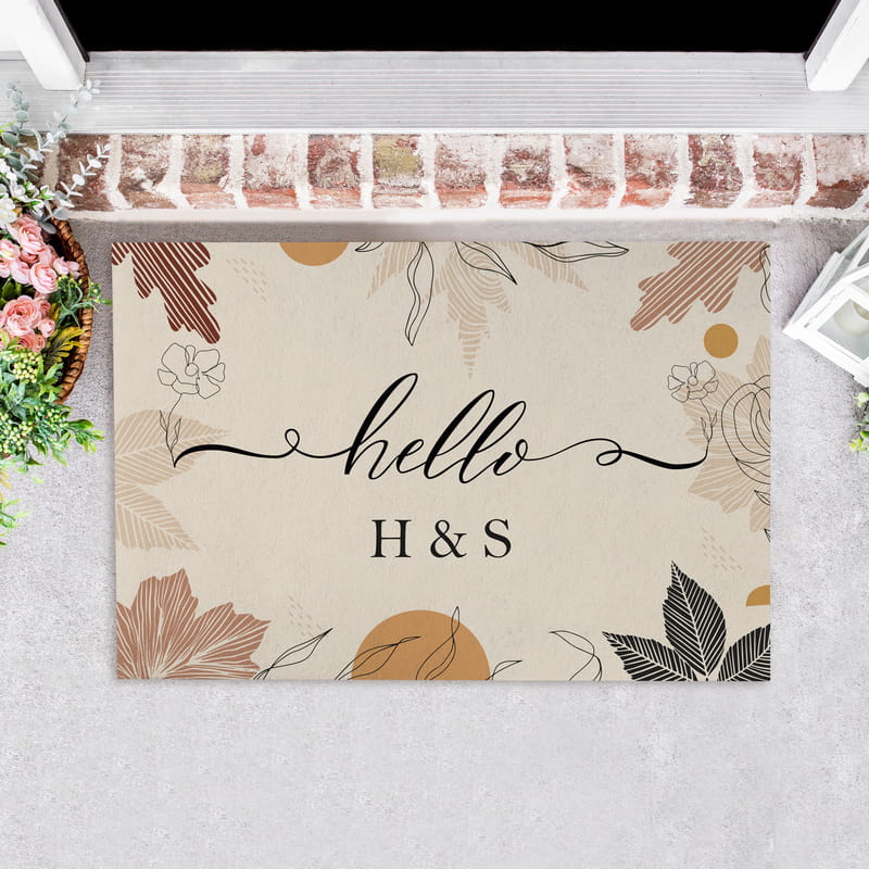 Kişiye Özel Yaprak Desenli Hello Yazılı Kapı Önü Paspas