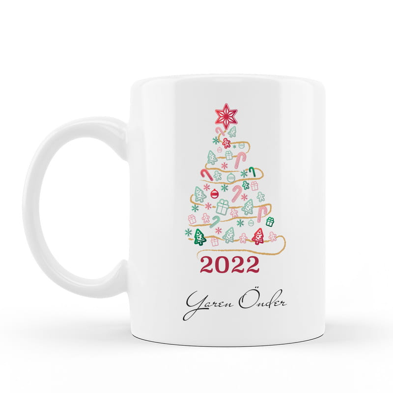 Kişiye Özel Yılbaşı Çam Ağacı Tasarımlı Porselen Kupa