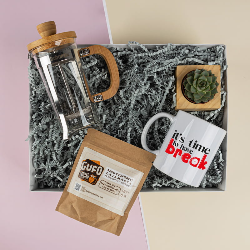 Mola Zamanı Hediye Kahve Kutusu French Press Hediye Kutusu Hediye Sepeti