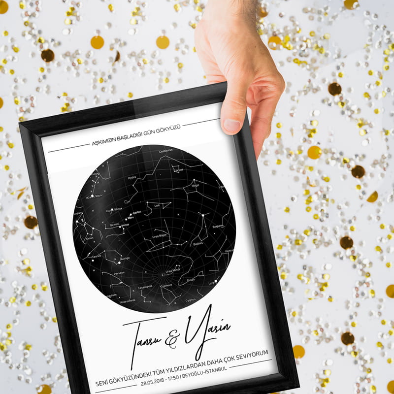 Sevgililer Gününe Yıldız Haritası Tasarımlı Hediye Çerçeve